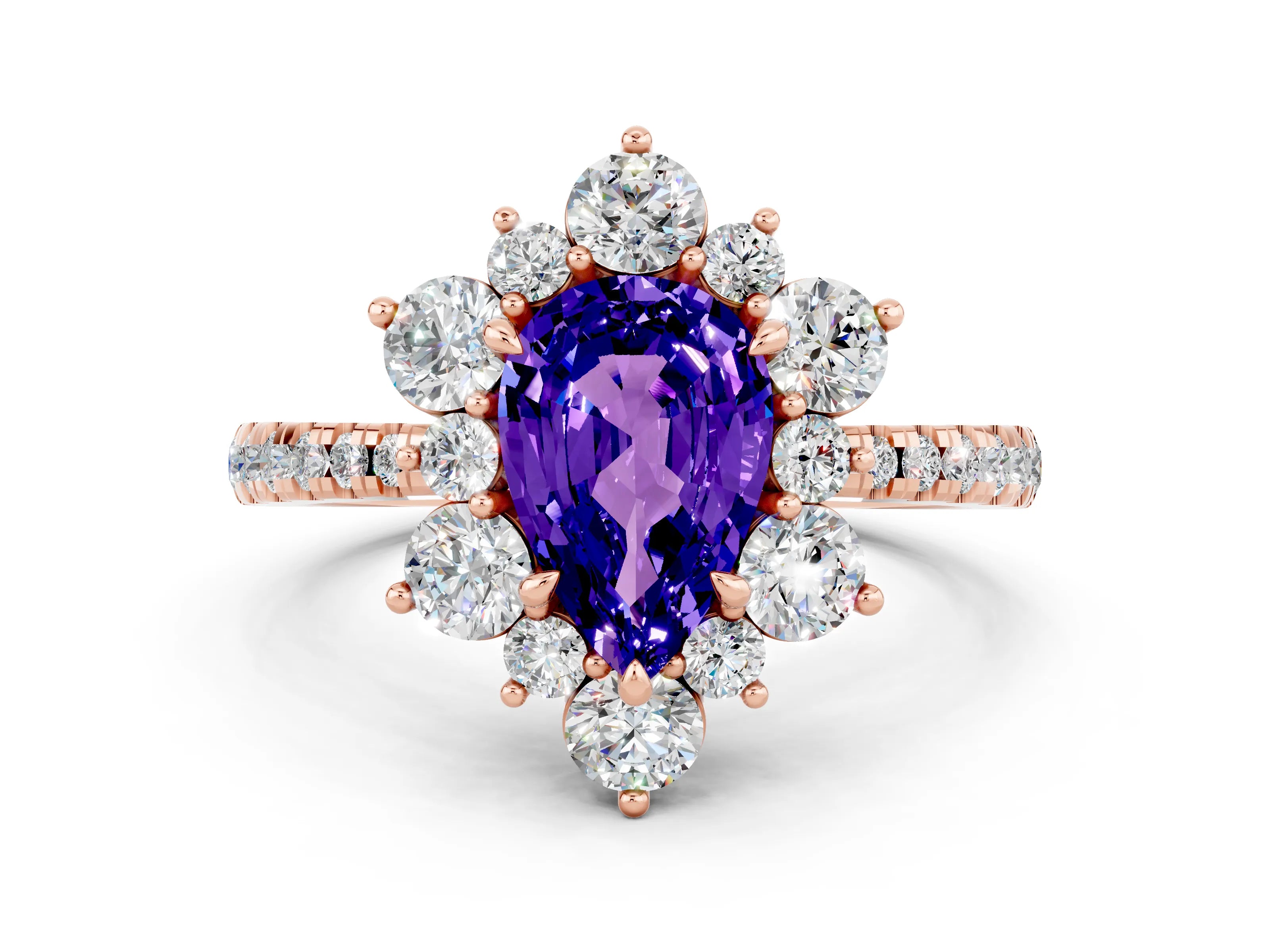 Rose gold Pear Cut Cut Diamond Floral Halo Pave Band with Prong Setting