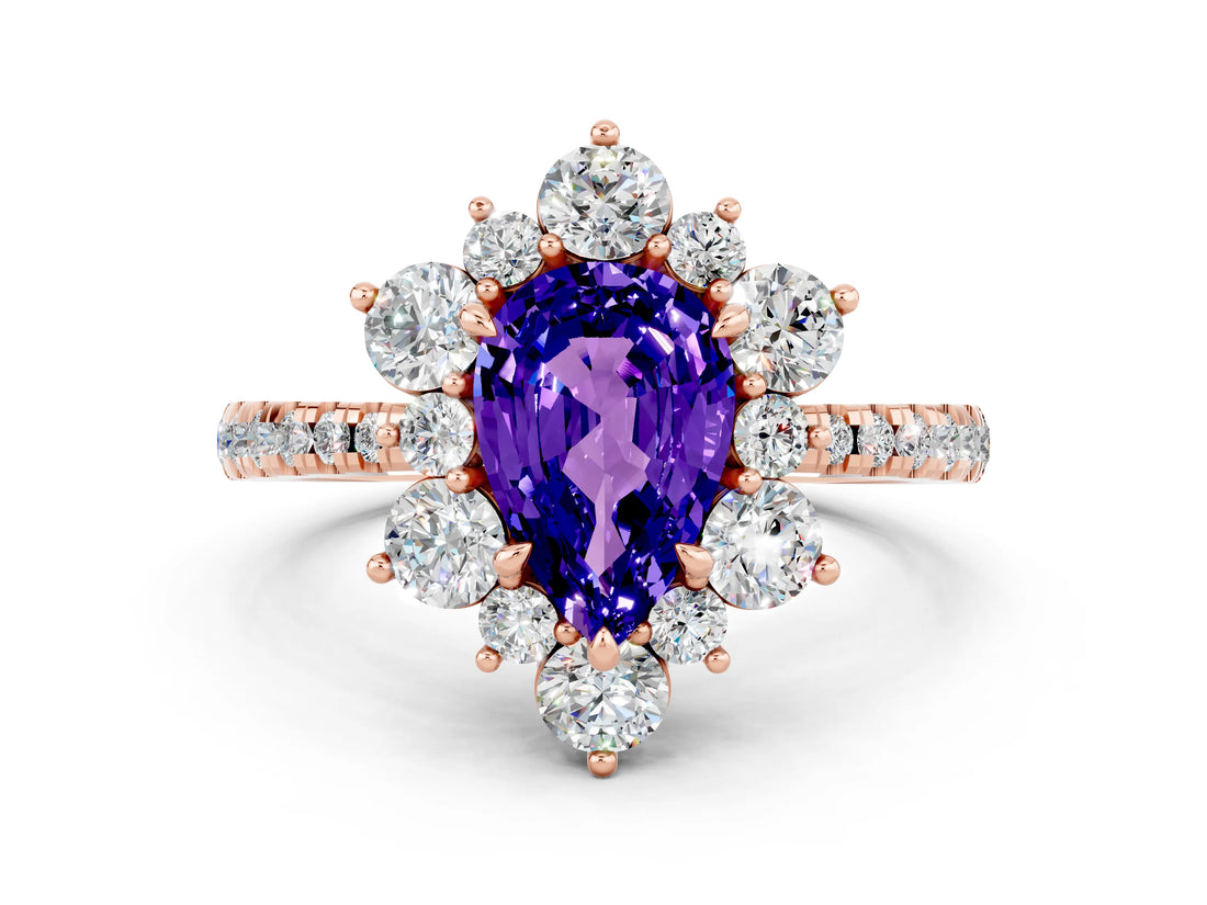 Rose gold Pear Cut Cut Diamond Floral Halo Pave Band with Prong Setting