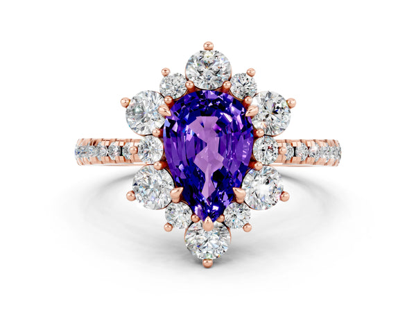 Rose gold Pear Cut Tanzanite Floral Halo Ring with Round Pavé Band and Prong Setting
