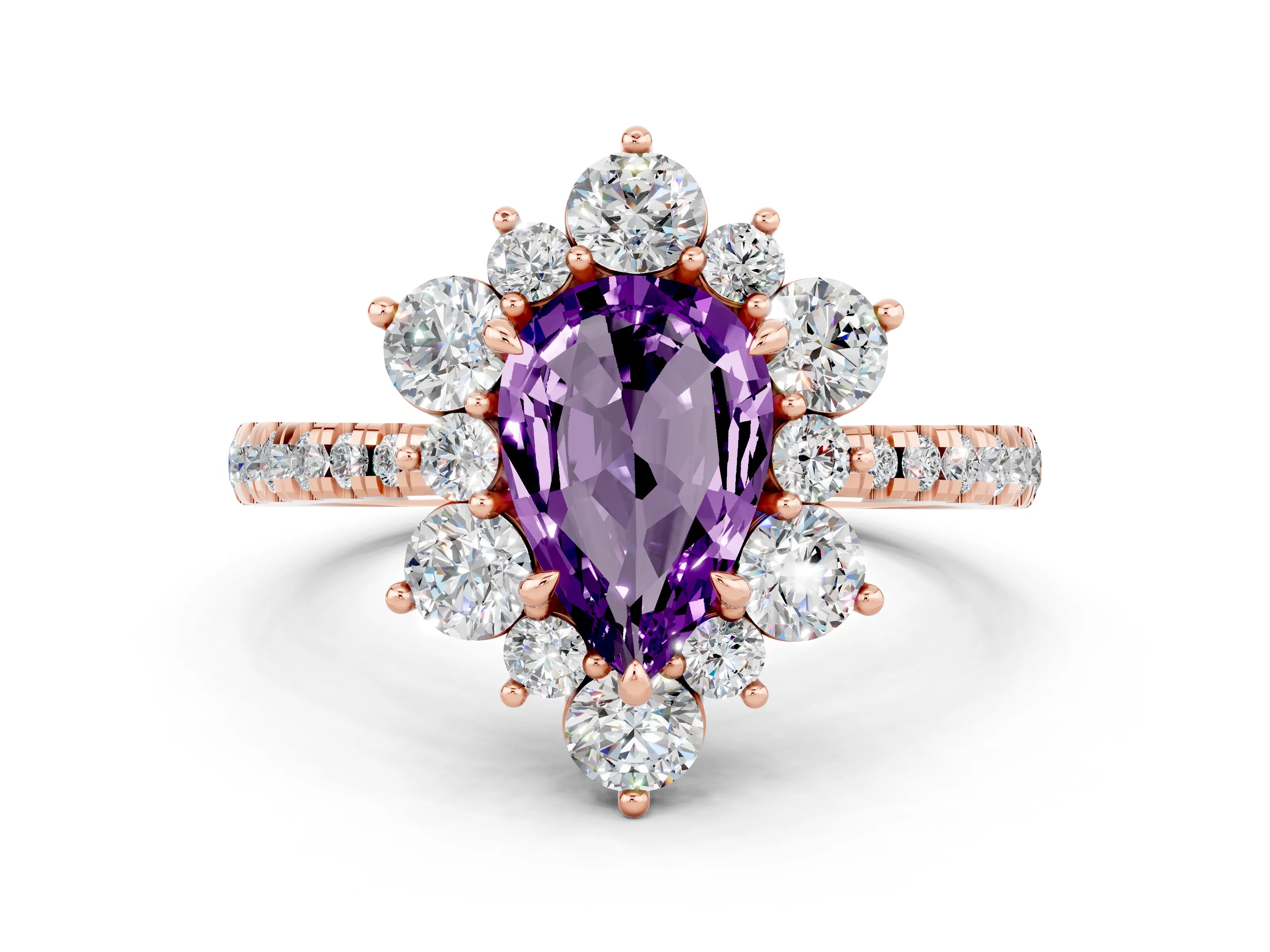 Rose gold Pear Cut Cut Diamond Floral Halo Pave Band with Prong Setting