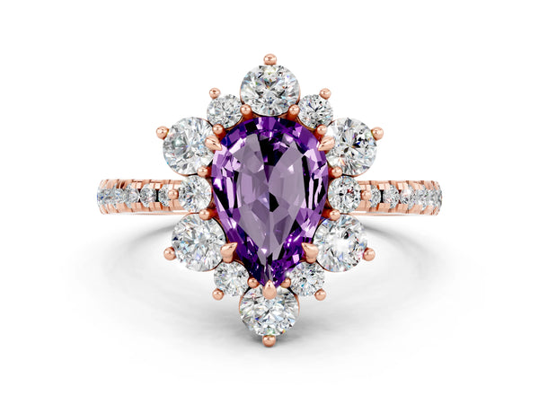 Rose gold Pear Cut Amethyst Floral Halo Ring with Round Pavé Band and Prong Setting