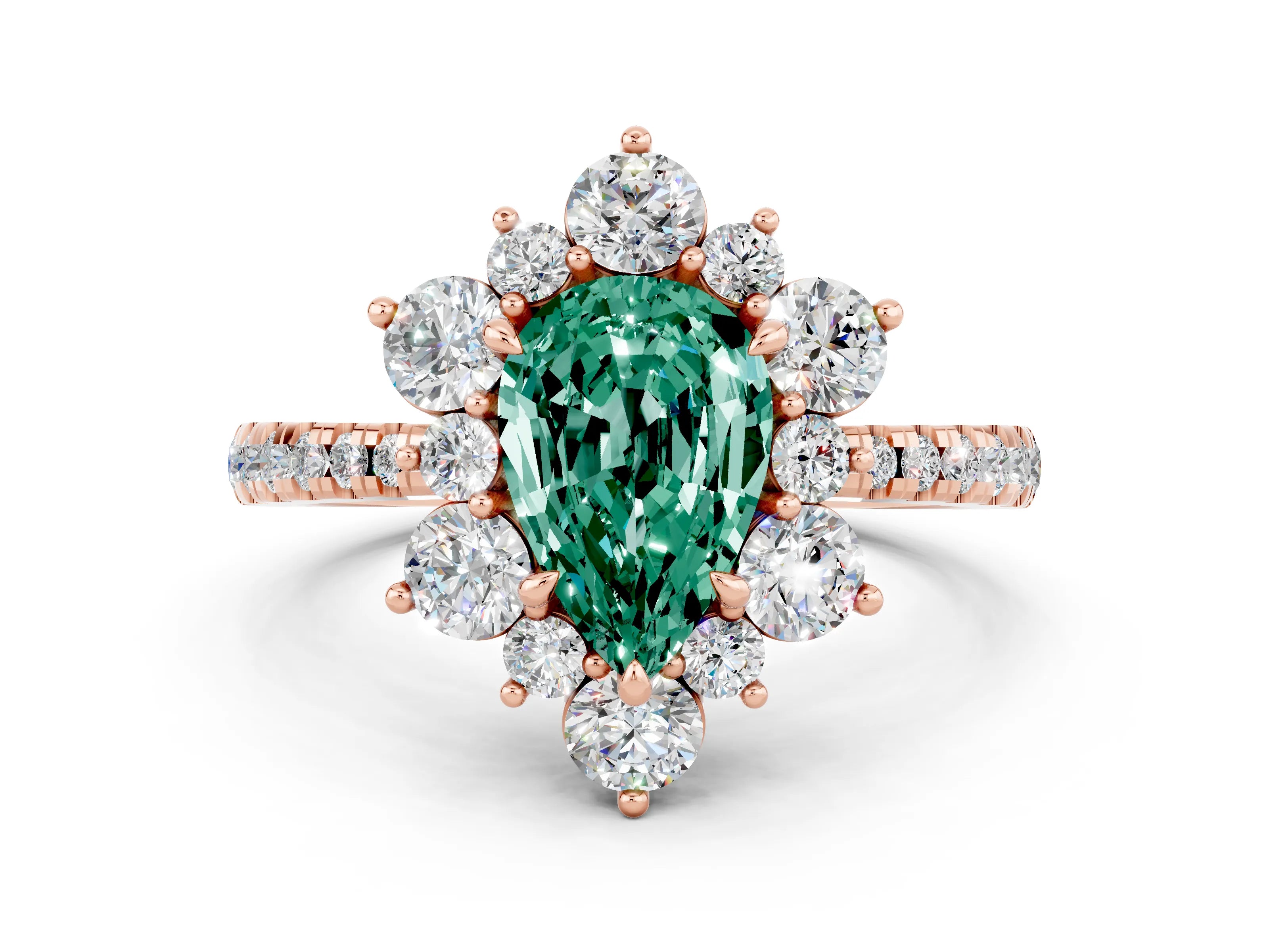 Rose gold Pear Cut Cut Diamond Floral Halo Pave Band with Prong Setting