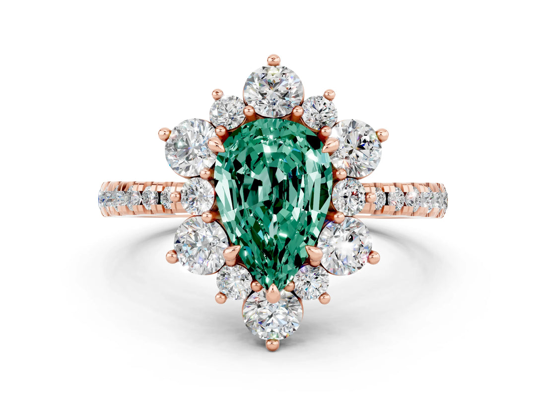 Rose gold Pear Cut Cut Diamond Floral Halo Pave Band with Prong Setting