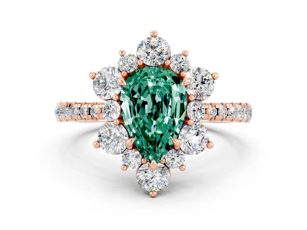 Rose gold Pear Cut Green Sapphire Floral Halo Ring with Round Pavé Band and Prong Setting