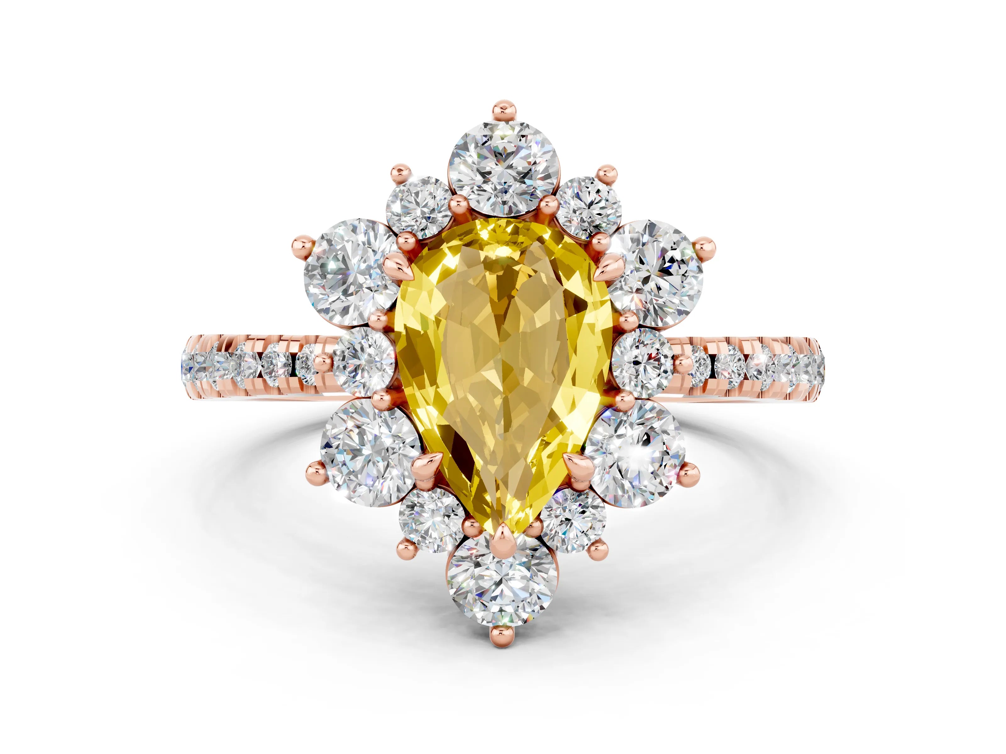 Rose gold Pear Cut Cut Diamond Floral Halo Pave Band with Prong Setting