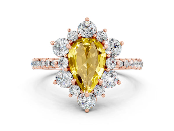 Rose gold Pear Cut Yellow Sapphire Floral Halo Ring with Round Pavé Band and Prong Setting
