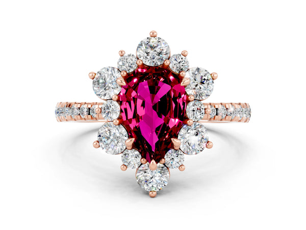Rose gold Pear Cut Garnet Floral Halo Ring with Round Pavé Band and Prong Setting