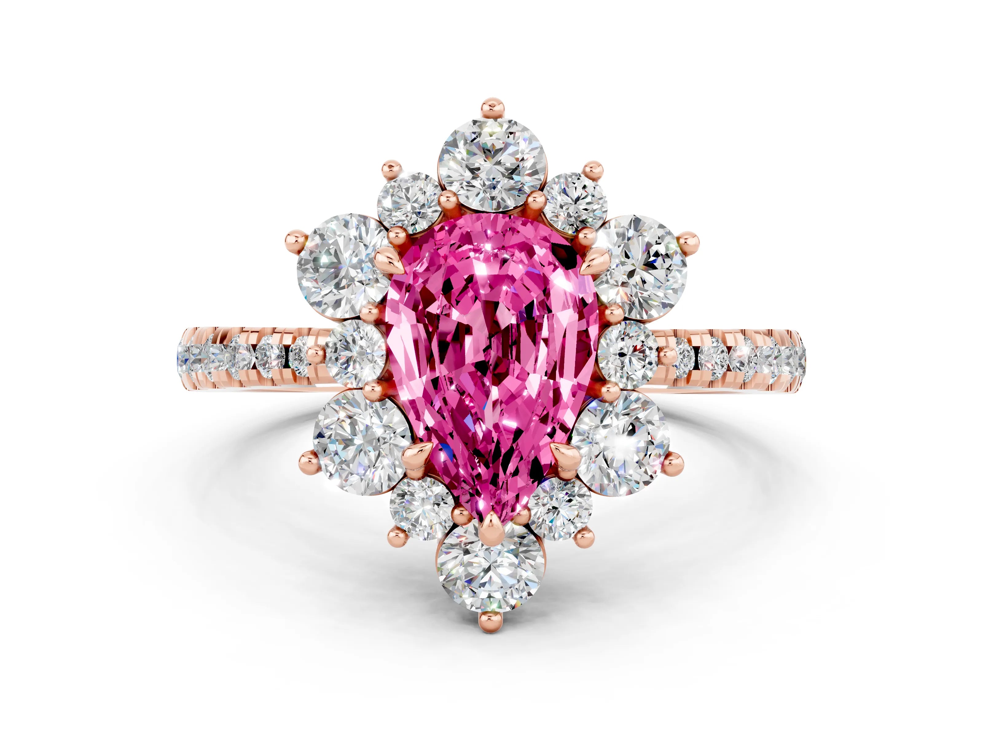 Rose gold Pear Cut Cut Diamond Floral Halo Pave Band with Prong Setting