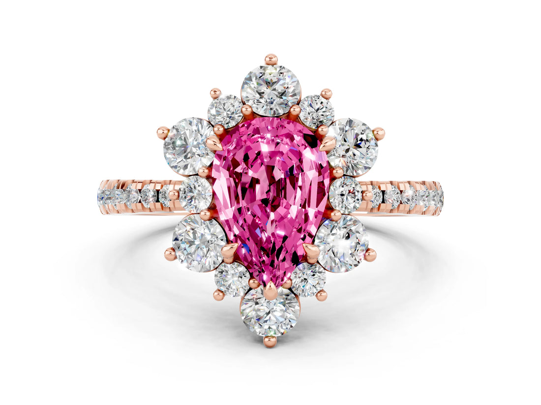 Rose gold Pear Cut Cut Diamond Floral Halo Pave Band with Prong Setting