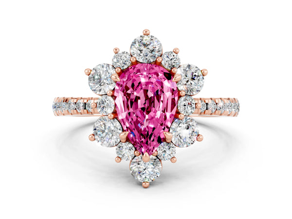 Rose Gold Pear-Shaped Lab-Grown Pink Sapphire Star Floral Halo Engagement Ring with Pave Band