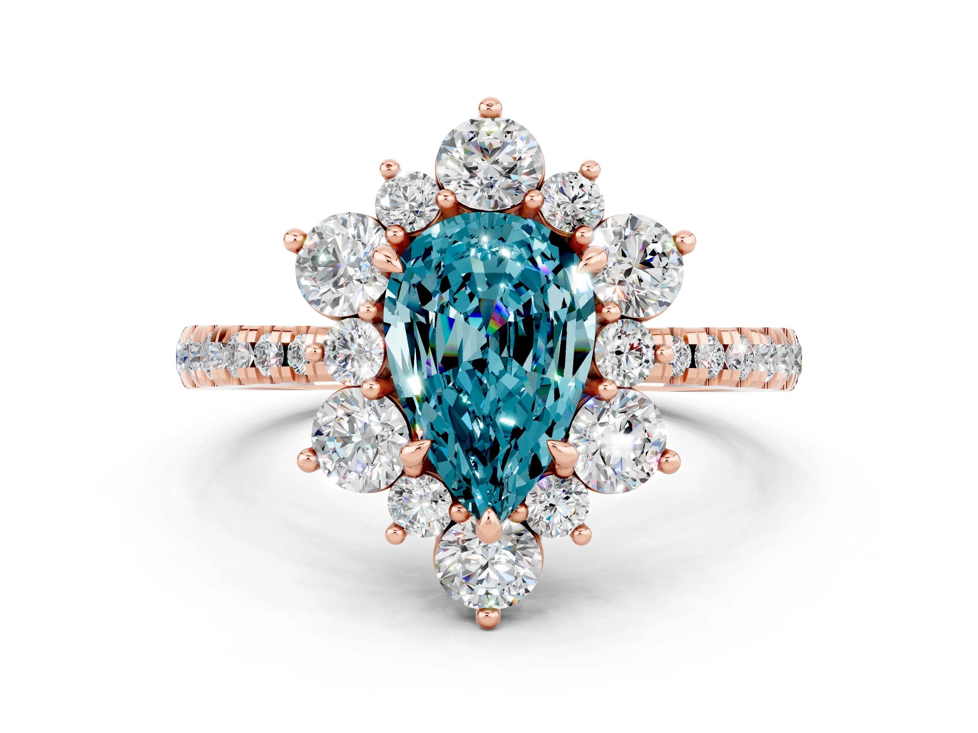 Rose gold Pear Cut Cut Diamond Floral Halo Pave Band with Prong Setting
