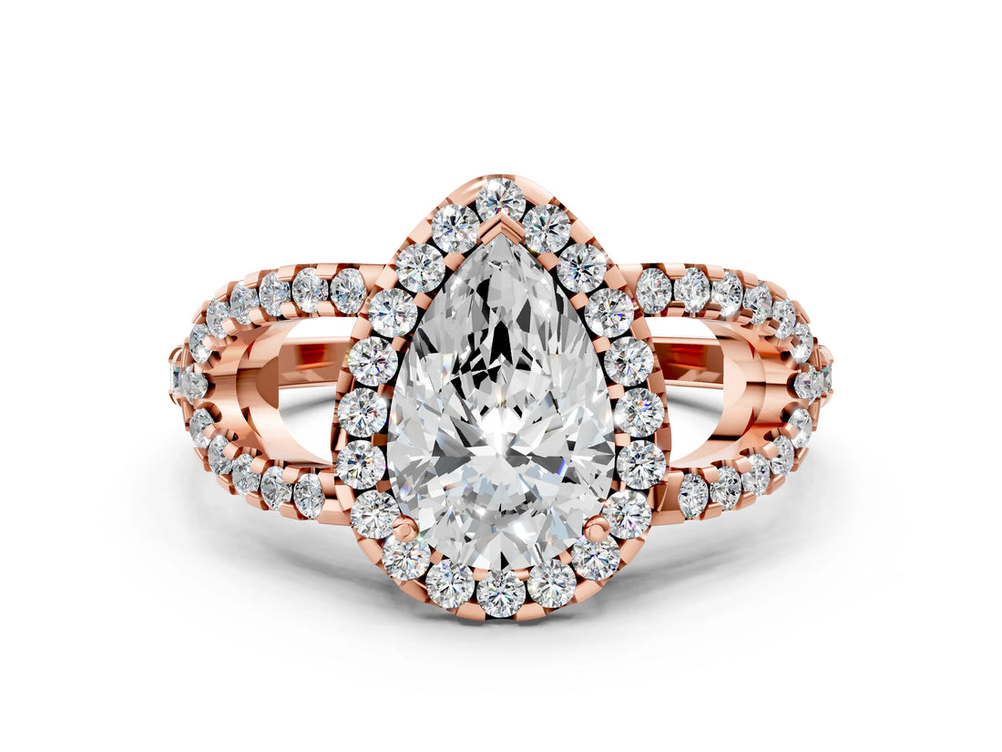 Rose gold Pear Cut Cut Diamond Halo Engagement Ring with Open Split Pavé Band_9