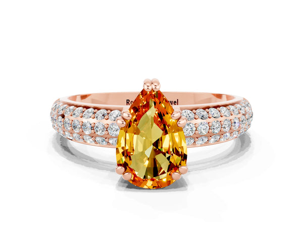 Rose gold Pear Cut Citrine Vintage Milgrain Ring with Round  Stations
