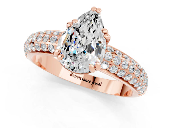 Rose gold Pear Cut Moissanite Vintage Milgrain Ring with Round  Stations