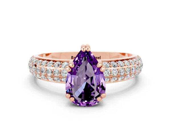 Rose gold Pear Cut Amethyst Vintage Milgrain Ring with Round  Stations