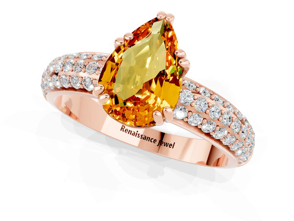 Rose gold Pear Cut Citrine Vintage Milgrain Ring with Round  Stations