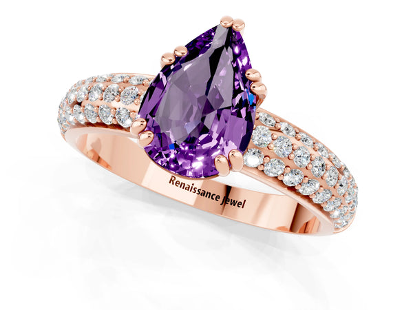 Rose gold Pear Cut Amethyst Vintage Milgrain Ring with Round  Stations