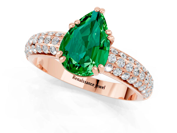 Rose gold Pear Cut Emerald Vintage Milgrain Ring with Round  Stations