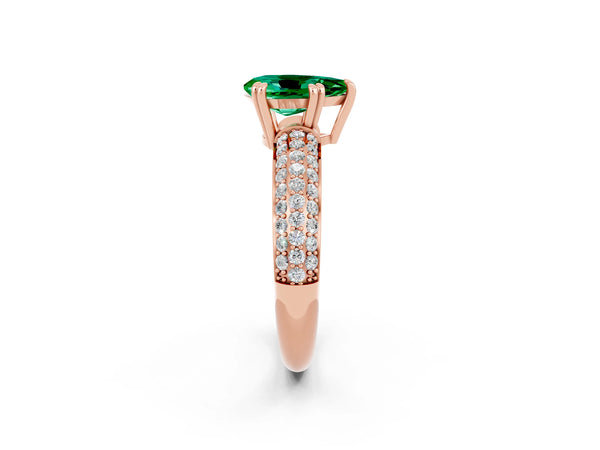 Rose gold Pear Cut Emerald Vintage Milgrain Ring with Round  Stations