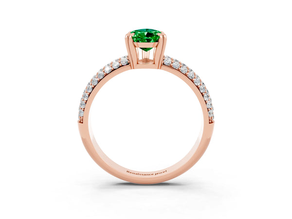 Rose gold Pear Cut Emerald Vintage Milgrain Ring with Round  Stations