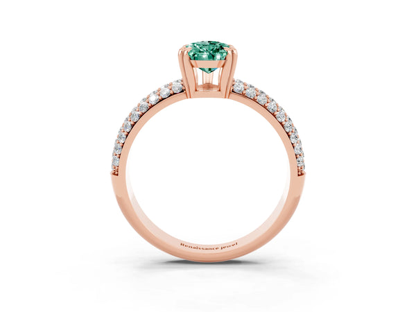 Rose gold Pear Cut Green Sapphire Vintage Milgrain Ring with Round  Stations