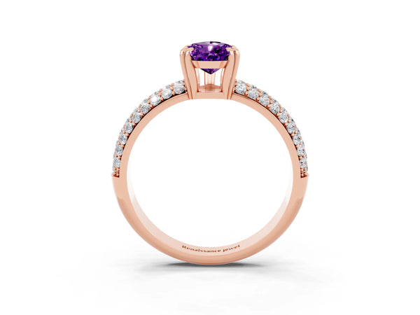 Rose gold Pear Cut Amethyst Vintage Milgrain Ring with Round  Stations