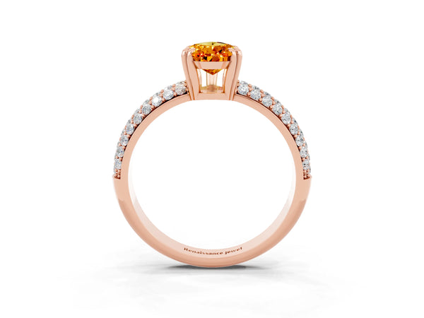 Rose gold Pear Cut Citrine Vintage Milgrain Ring with Round  Stations