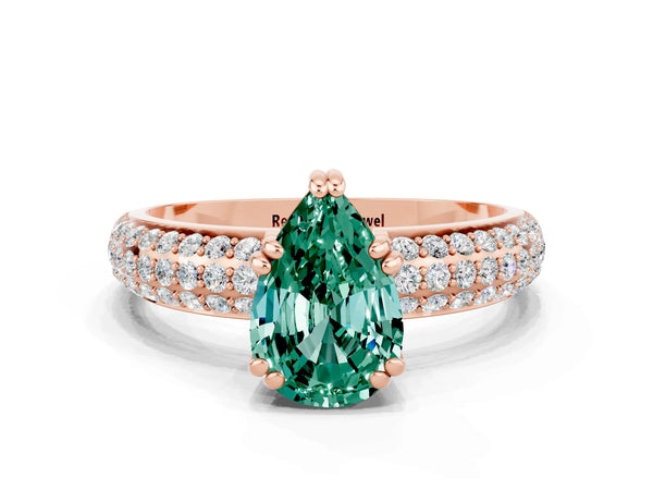 Rose gold Pear Cut Green Sapphire Vintage Milgrain Ring with Round  Stations