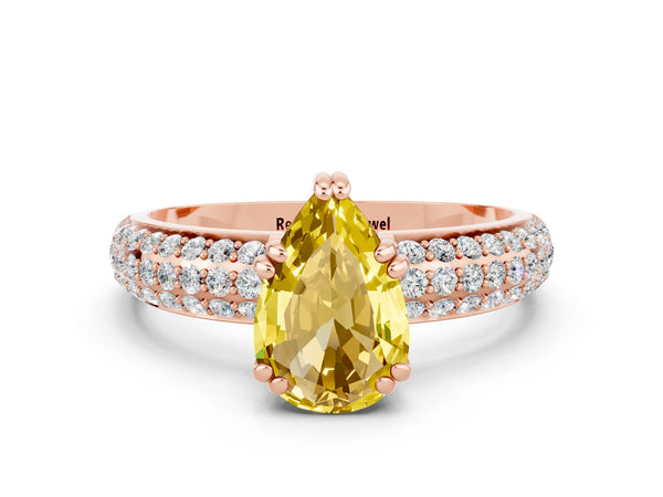 Rose gold Pear Cut Yellow Sapphire Vintage Milgrain Ring with Round  Stations