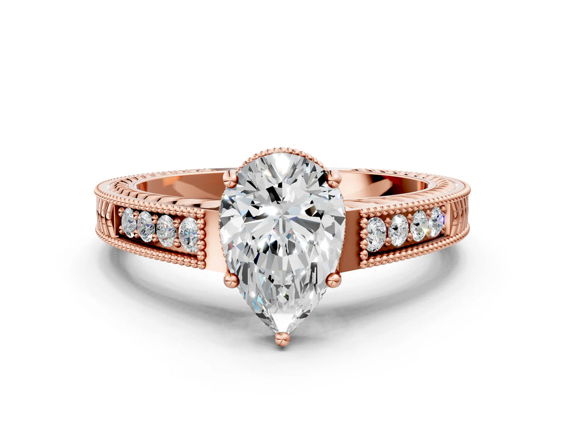 Rose gold Pear Cut Cut Diamond Milgrain Pave Band Four-Prong Setting Ring_3