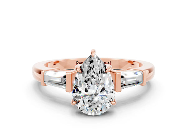 Rose gold Pear Cut Moissanite Three-Stone Ring with Tapered Baguette Side Stones and Prong Setting