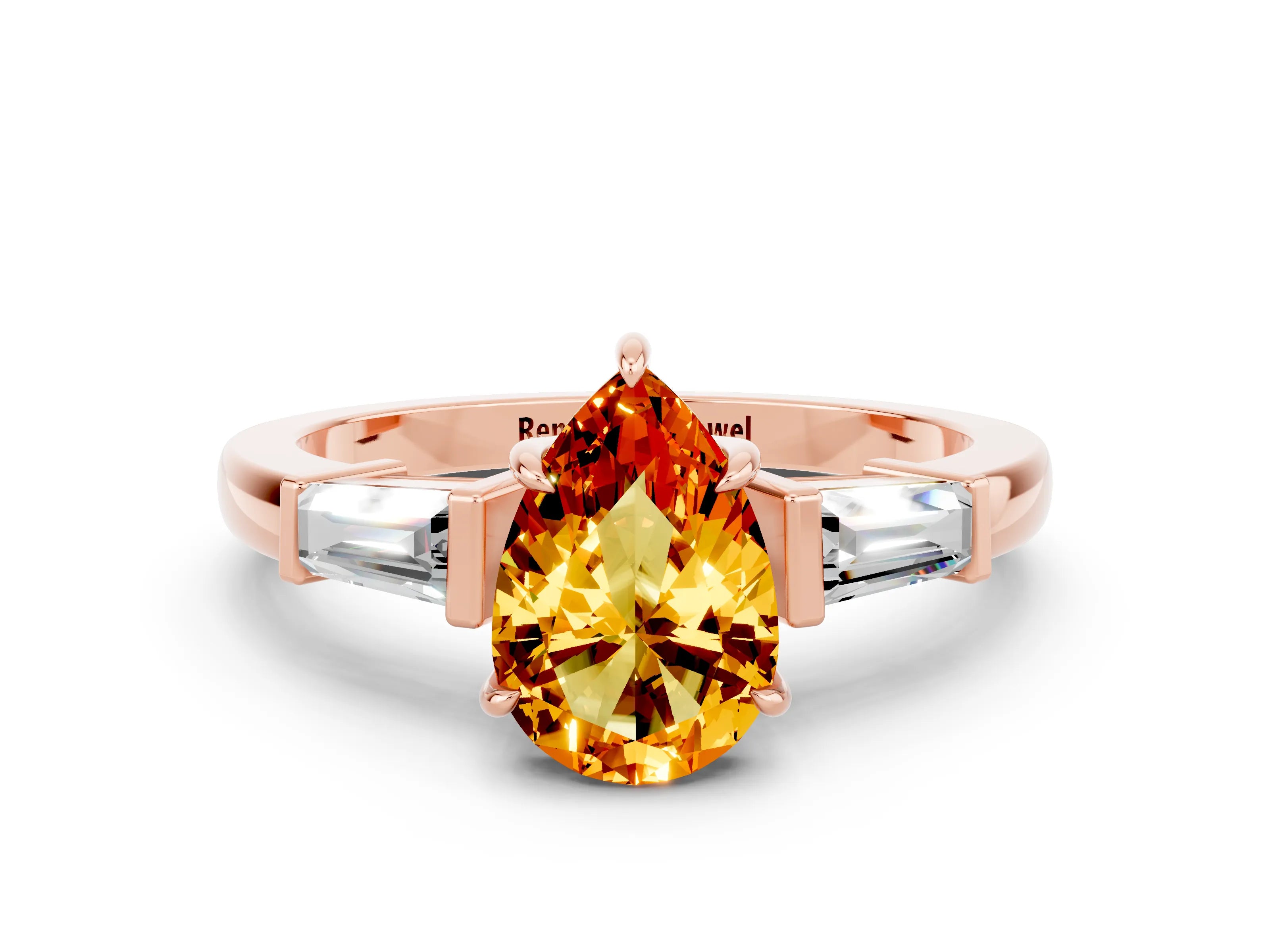 Rose gold Pear Cut Cut Diamond Ring with Tapered Baguette Side Stones in Four-Prong Setting