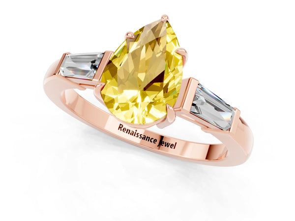 Rose gold Pear Cut Yellow Sapphire Three-Stone Ring with Tapered Baguette Side Stones and Prong Setting