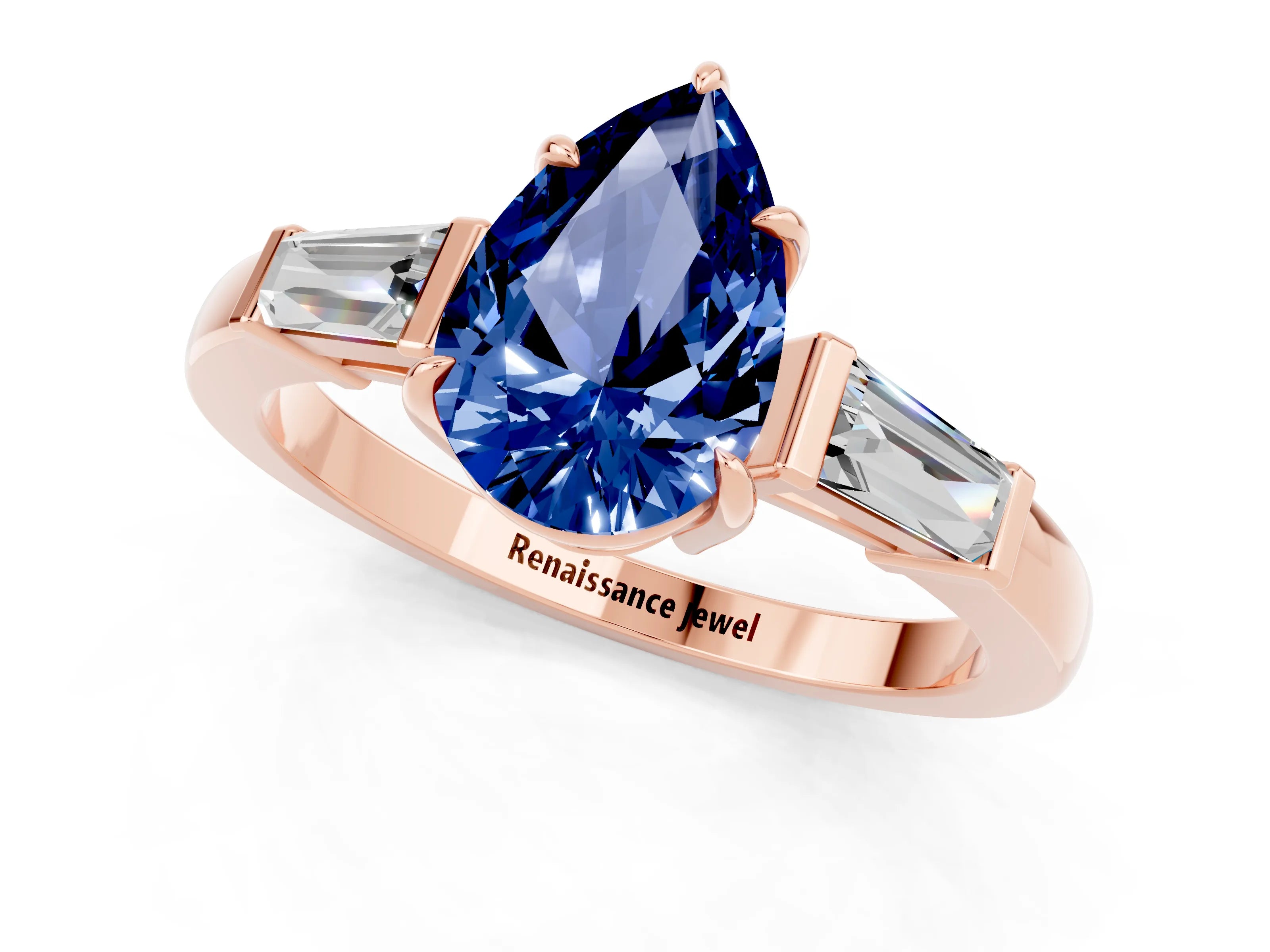 Rose gold Pear Cut Cut Diamond Ring with Tapered Baguette Side Stones in Four-Prong Setting_1