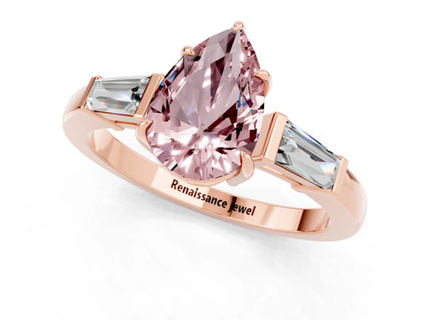 Rose gold Pear Cut Cut Diamond Ring with Tapered Baguette Side Stones in Four-Prong Setting_1