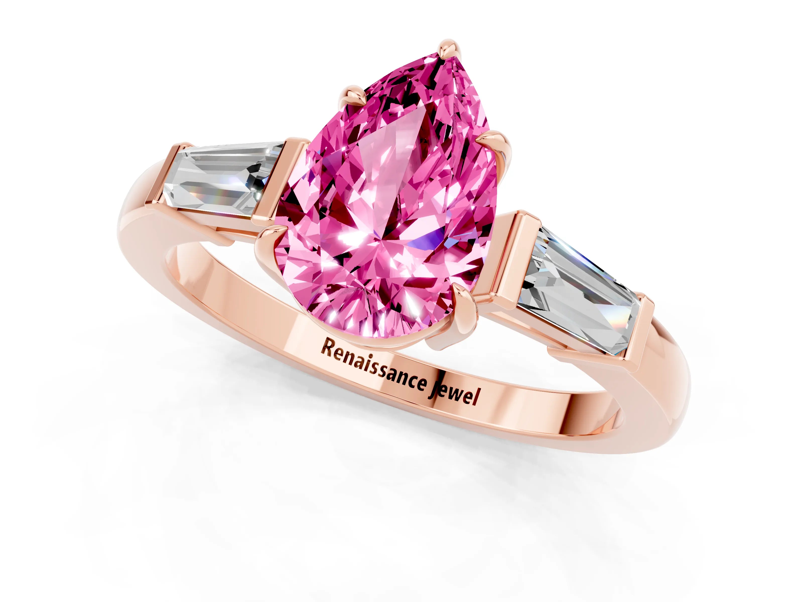 Rose gold Pear Cut Cut Diamond Ring with Tapered Baguette Side Stones in Four-Prong Setting_1