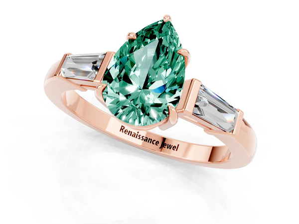 Rose gold Pear Cut Green Sapphire Three-Stone Ring with Tapered Baguette Side Stones and Prong Setting