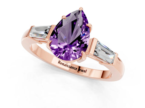 Rose gold Pear Cut Cut Diamond Ring with Tapered Baguette Side Stones in Four-Prong Setting_1