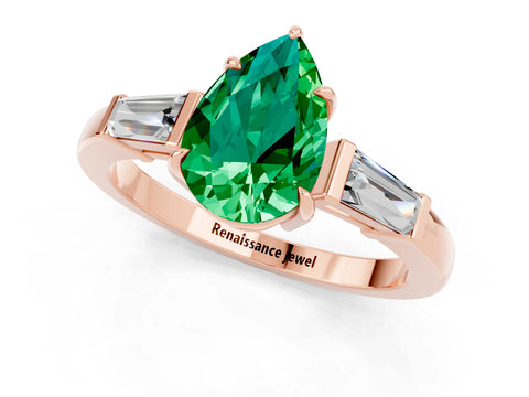 Rose gold Pear Cut Cut Diamond Ring with Tapered Baguette Side Stones in Four-Prong Setting_1