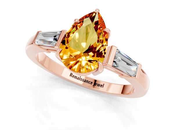 Rose gold Pear Cut Citrine Three-Stone Ring with Tapered Baguette Side Stones and Prong Setting