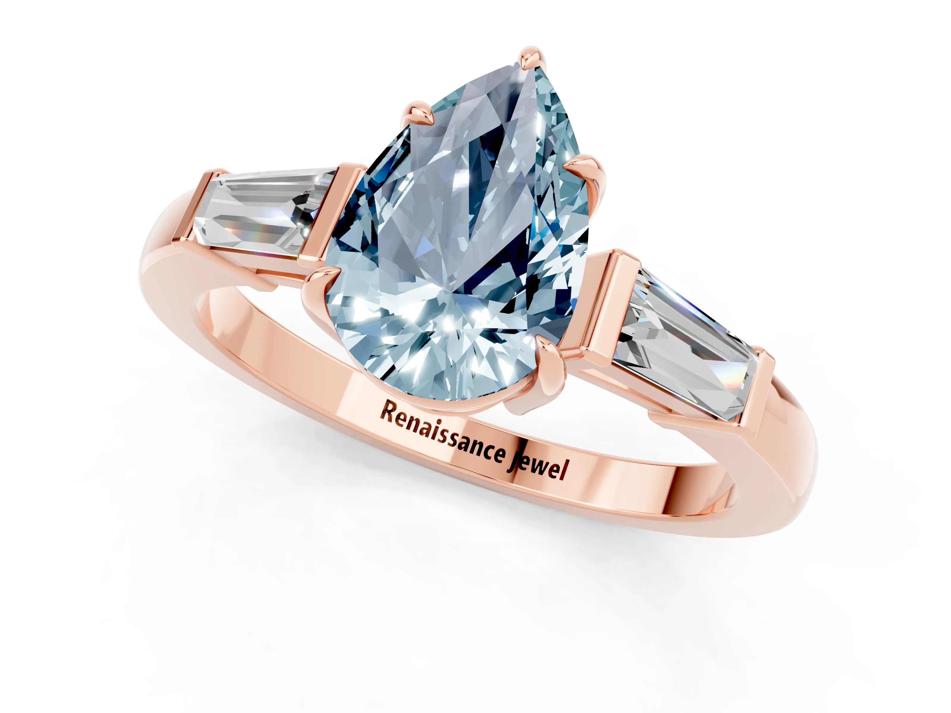 Rose gold Pear Cut Cut Diamond Ring with Tapered Baguette Side Stones in Four-Prong Setting_1