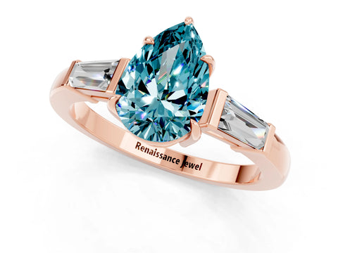 Rose gold Pear Cut Cut Diamond Ring with Tapered Baguette Side Stones in Four-Prong Setting_1