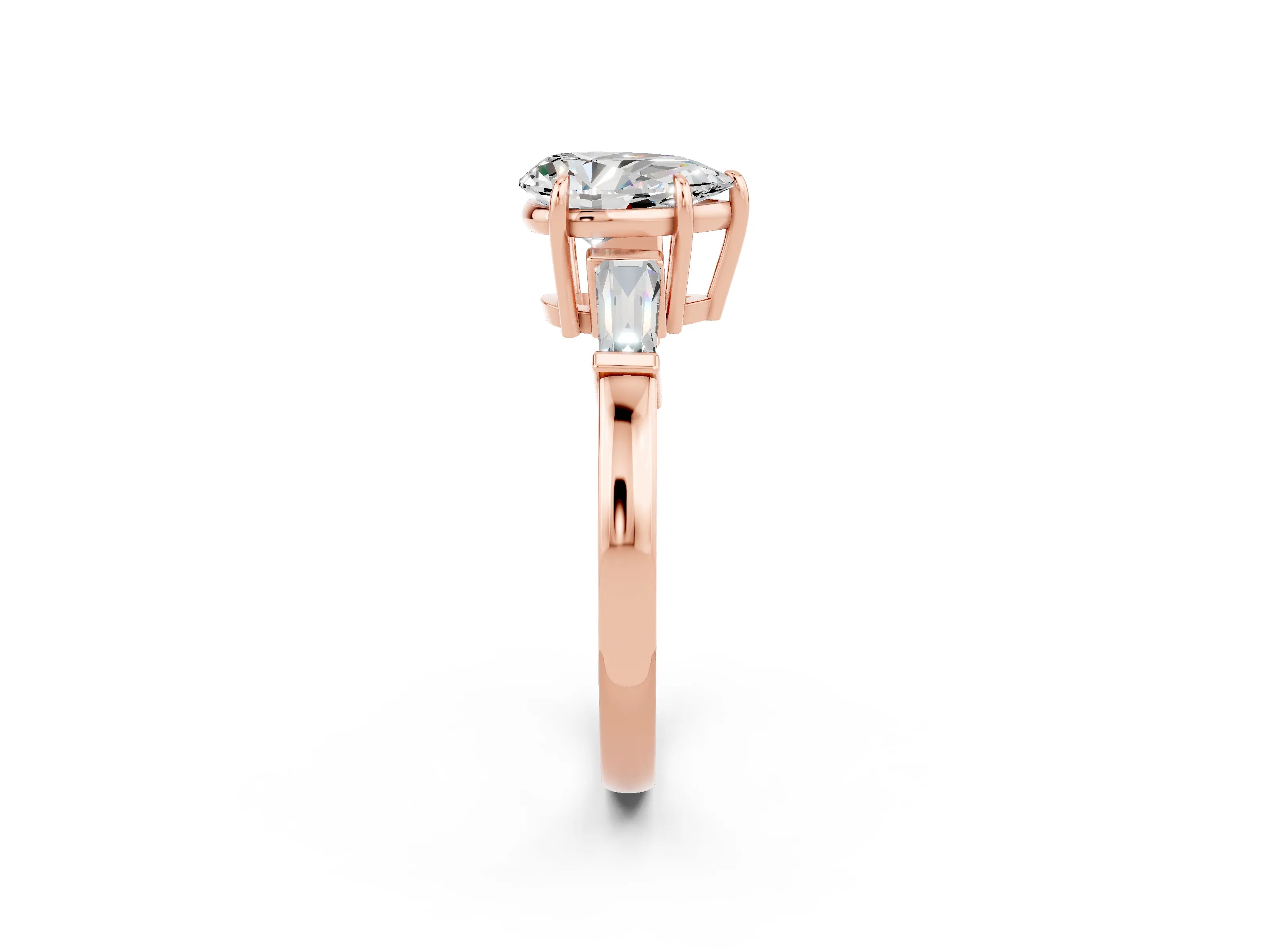 Rose gold Pear Cut Cut Diamond Ring with Tapered Baguette Side Stones in Four-Prong Setting_2