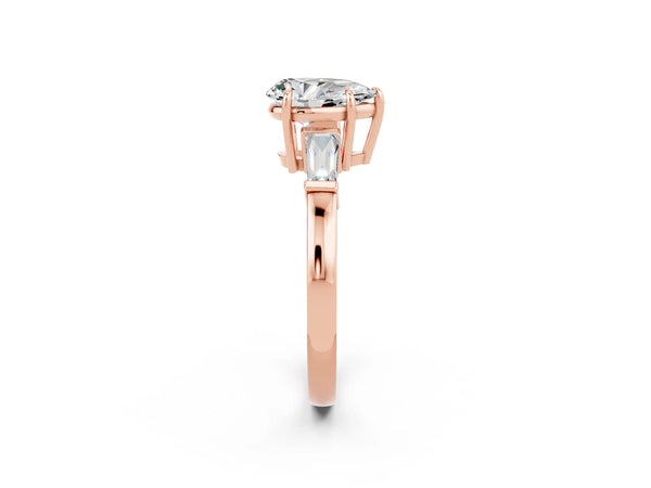 Rose gold Pear Cut Moissanite Three-Stone Ring with Tapered Baguette Side Stones and Prong Setting