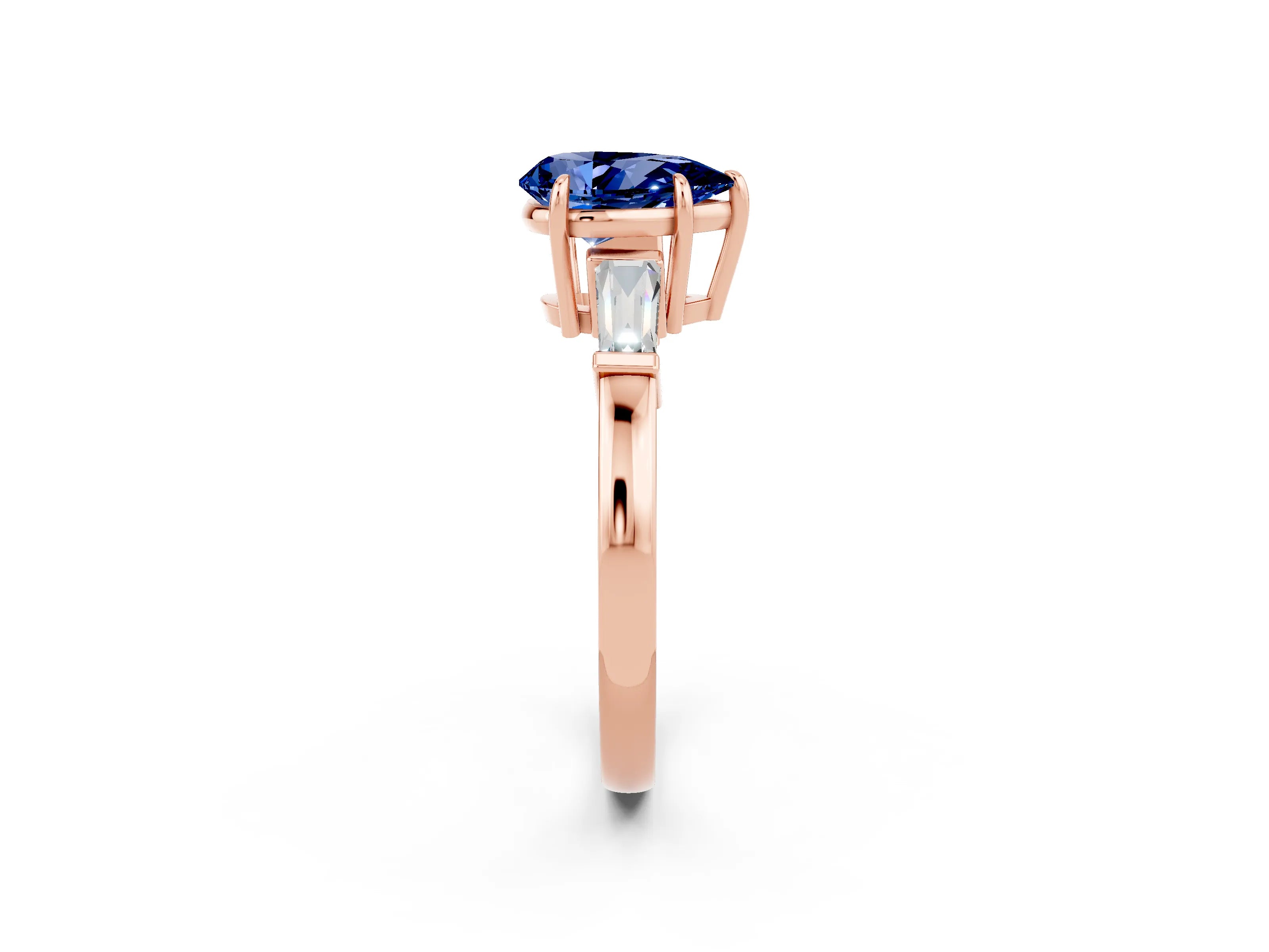 Rose gold Pear Cut Cut Diamond Ring with Tapered Baguette Side Stones in Four-Prong Setting_2