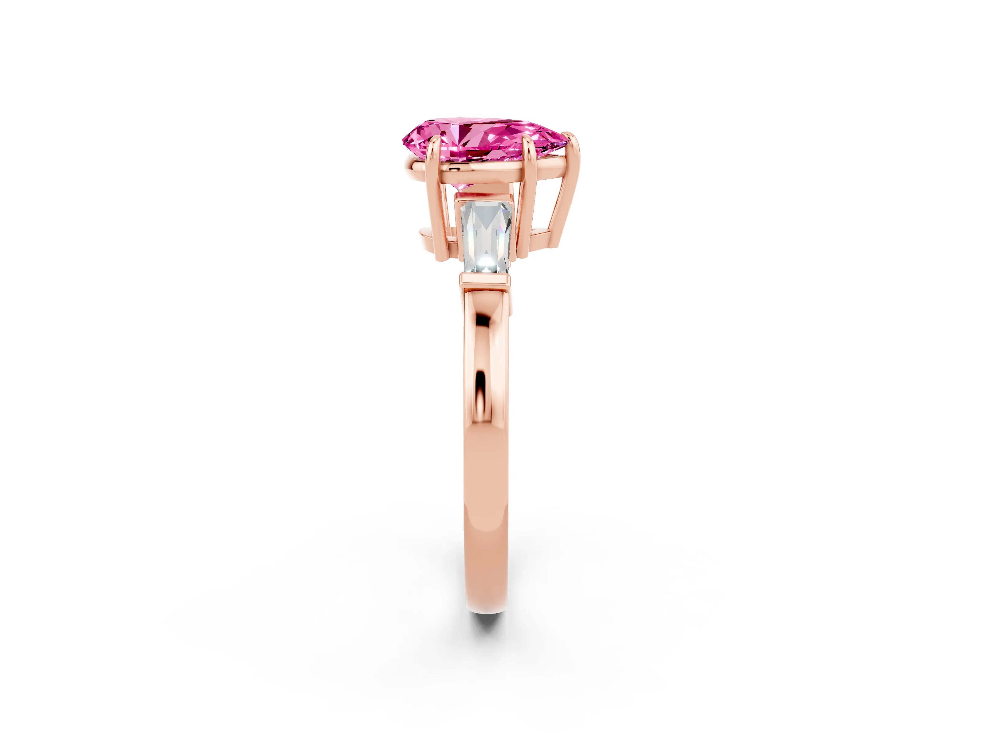 Rose gold Pear Cut Cut Diamond Ring with Tapered Baguette Side Stones in Four-Prong Setting_2