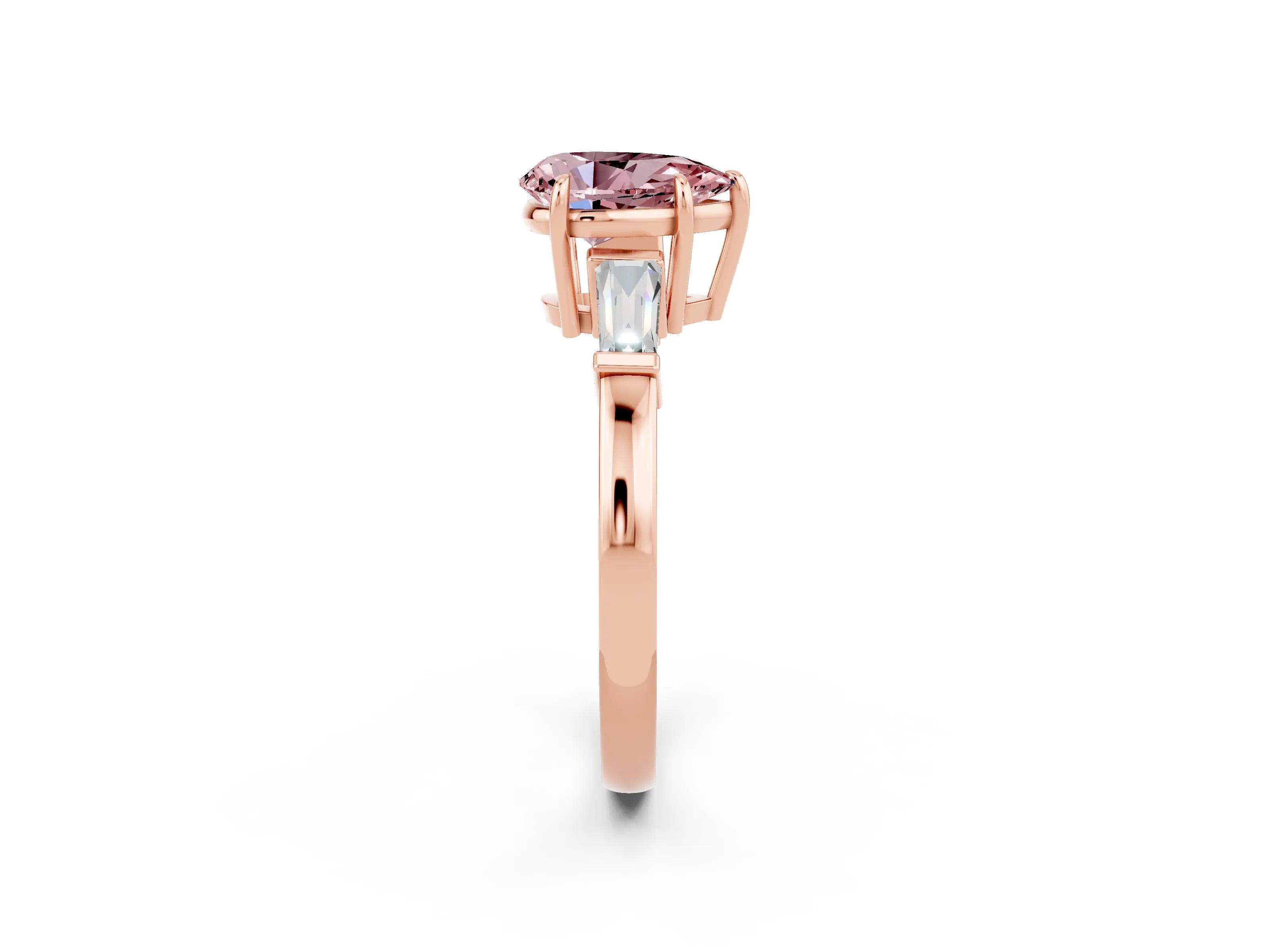 Rose gold Pear Cut Cut Diamond Ring with Tapered Baguette Side Stones in Four-Prong Setting_2