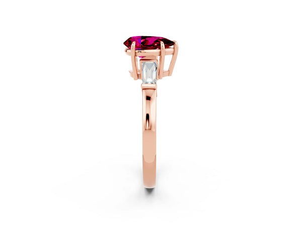 Rose gold Pear Cut Garnet Three-Stone Ring with Tapered Baguette Side Stones and Prong Setting