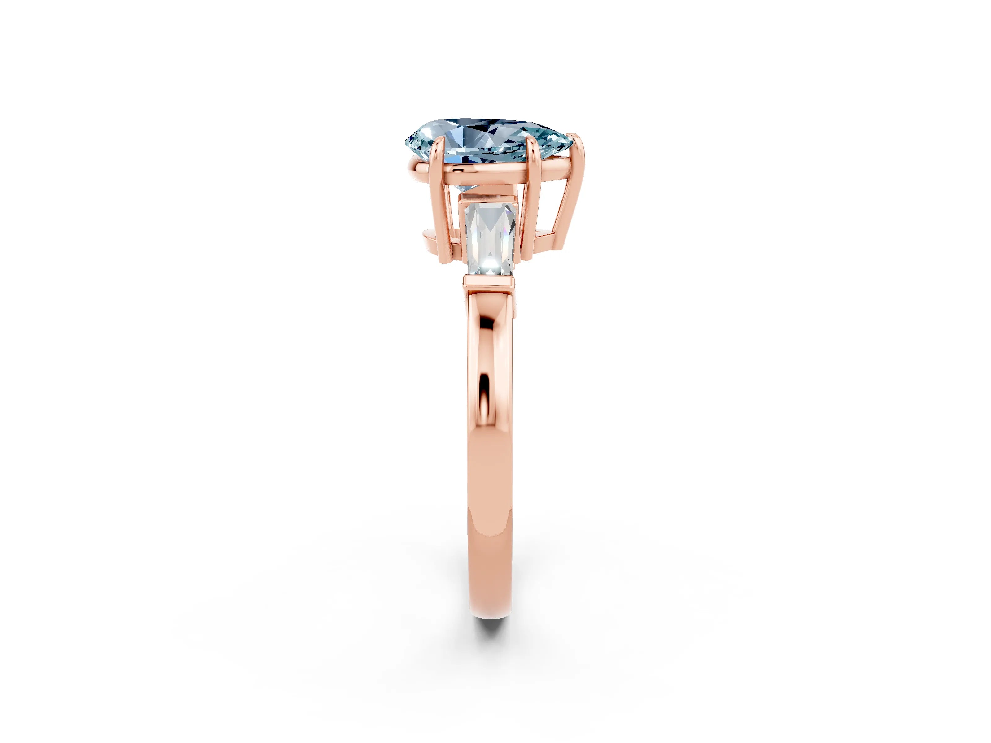 Rose gold Pear Cut Cut Diamond Ring with Tapered Baguette Side Stones in Four-Prong Setting_2