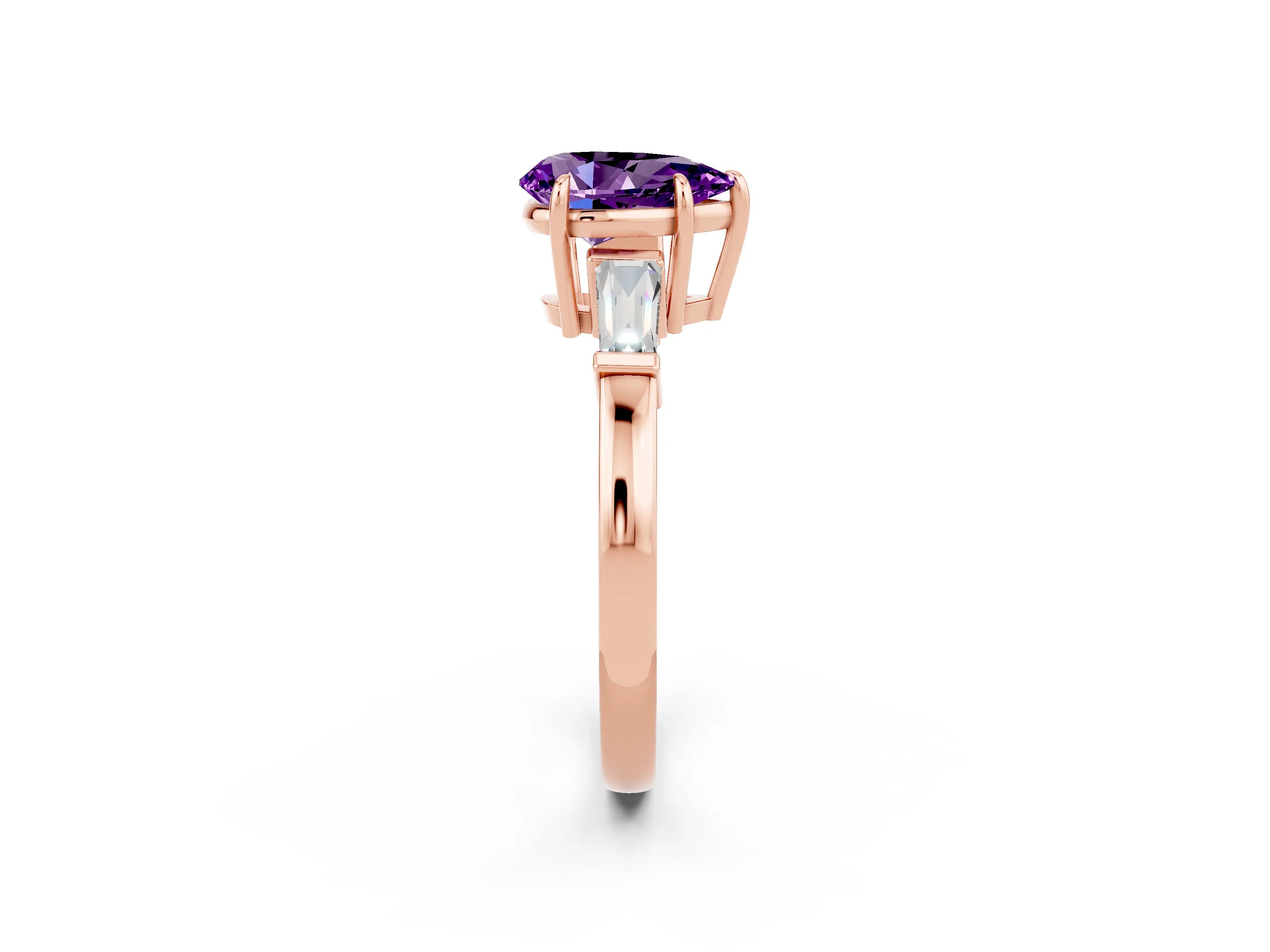 Rose gold Pear Cut Cut Diamond Ring with Tapered Baguette Side Stones in Four-Prong Setting_2
